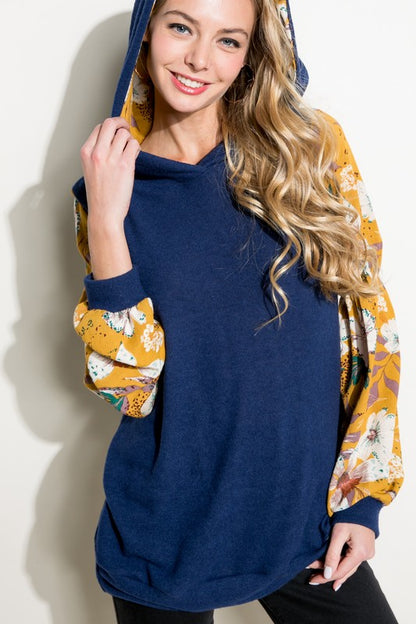 SOLID FLORAL PRINT BUBBLE PUFF SLEEVE HOODIE TOP