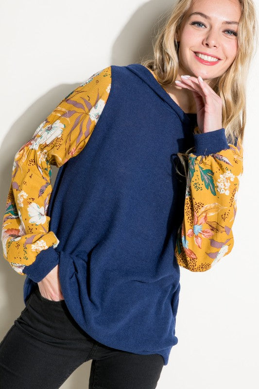 SOLID FLORAL PRINT BUBBLE PUFF SLEEVE HOODIE TOP