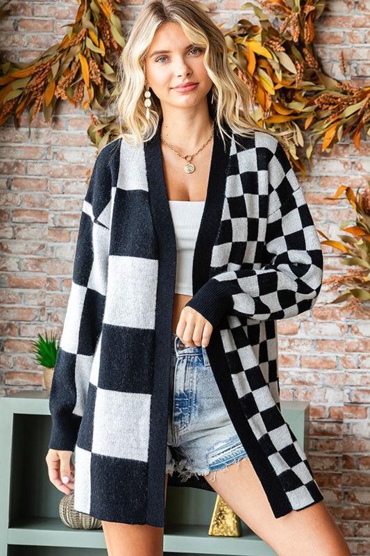 Checkered Open Front Long Sleeve Cardigan