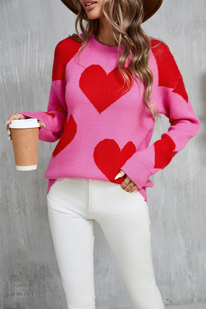 Contrast Heart Dropped Shoulder Long Sleeve Sweater