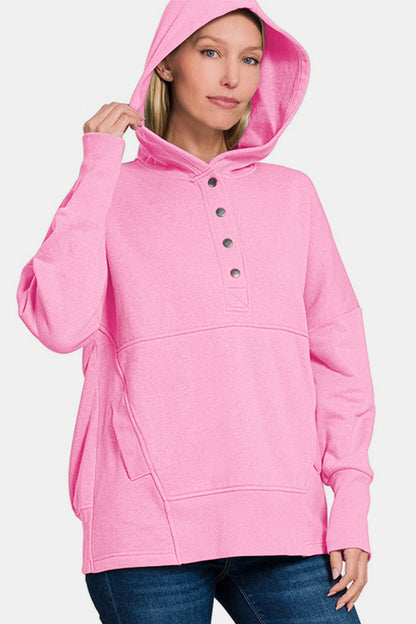 Zenana Half Snap Long Sleeve Hoodie with Kangaroo Pocket