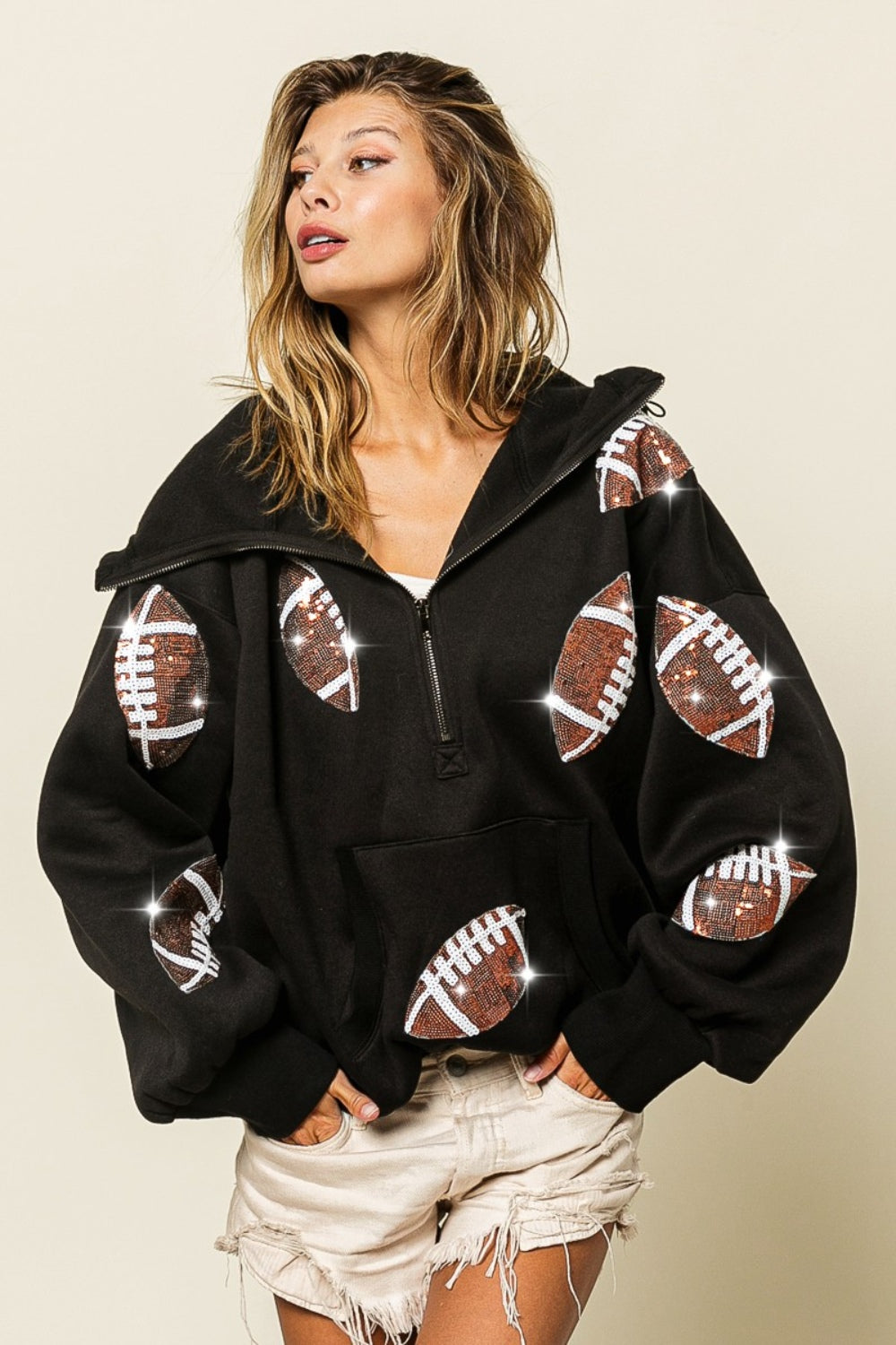 Sequin Football Half Zip Hoodie