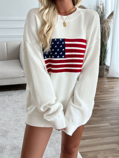 US Flag Round Neck Long Sleeve Knit Top