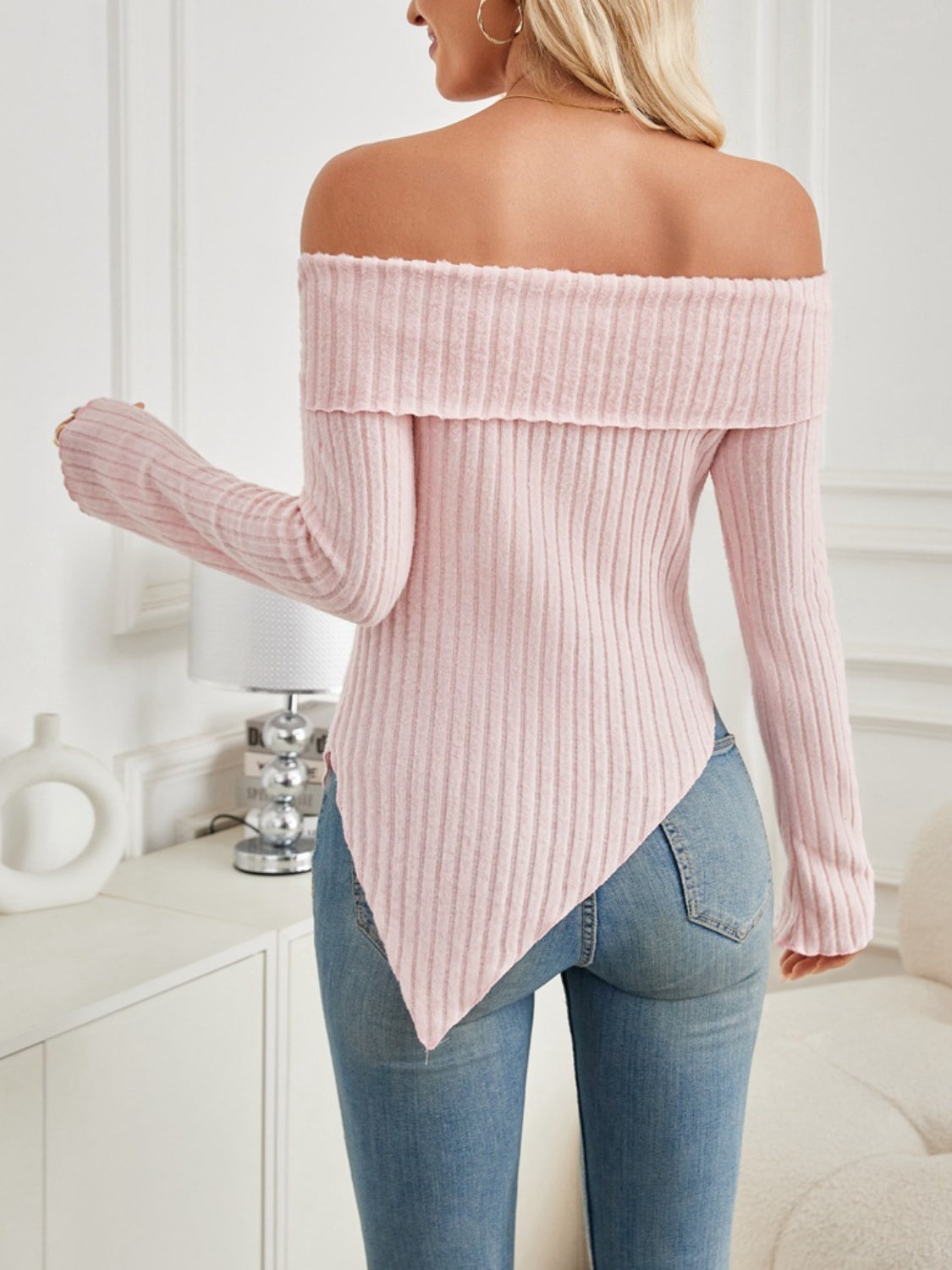 Ribbed Asymmetrical Hem Off-Shoulder Long Sleeve T-Shirt