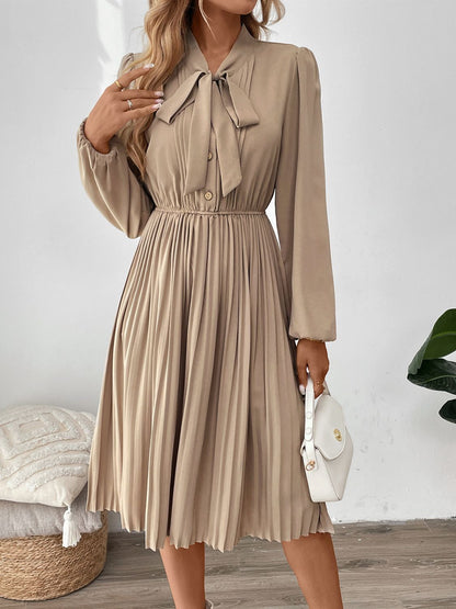 Pleated Tie Neck Long Sleeve Dress