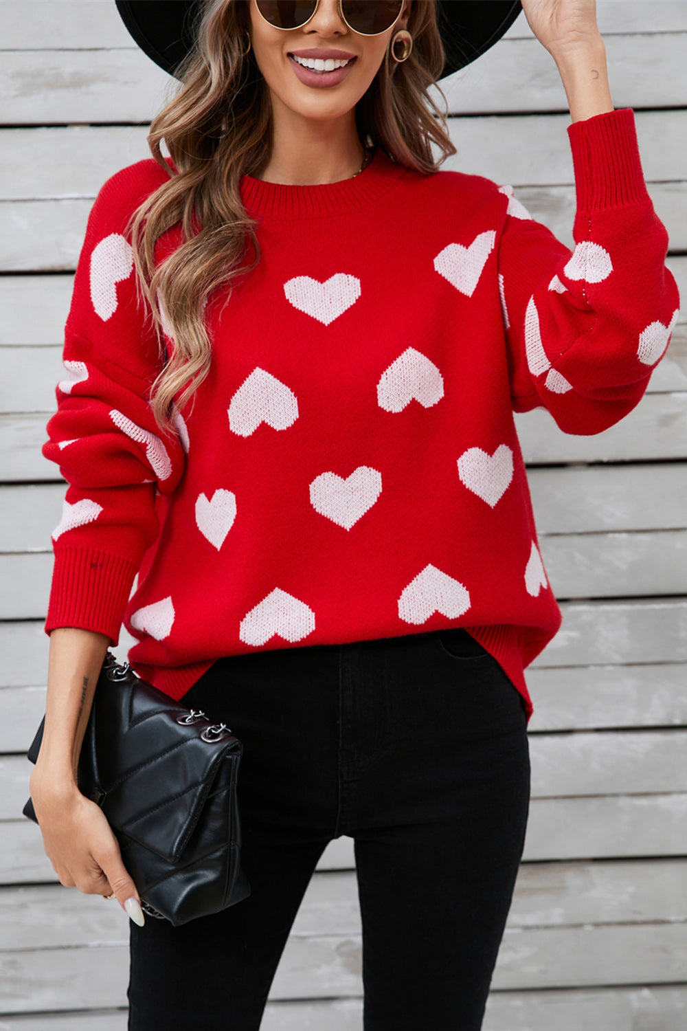 Heart Round Neck Long Sleeve Sweater