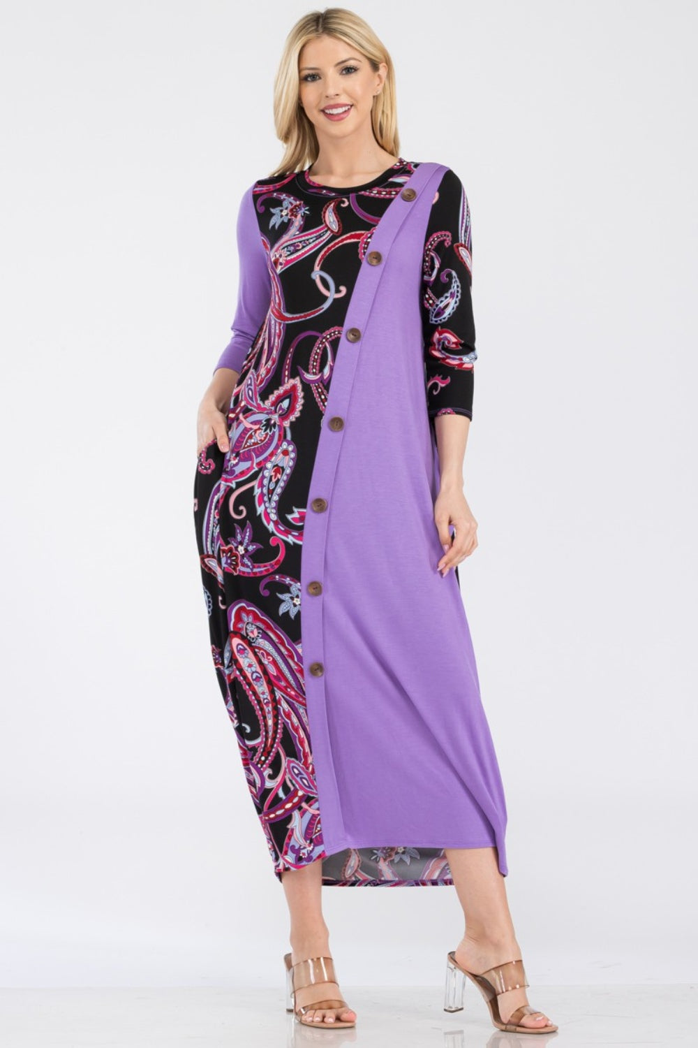 Paisley Contrast Midi Dress with Pockets