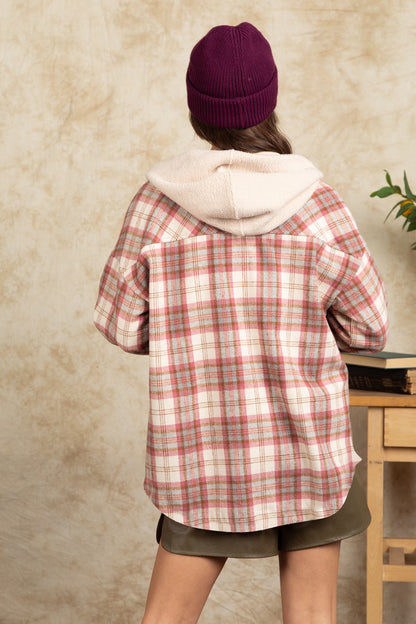 Drawstring Plaid Long Sleeve Hooded Jacket