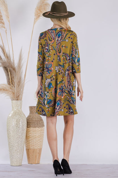 Paisley Print Round Neck Dress with Pockets