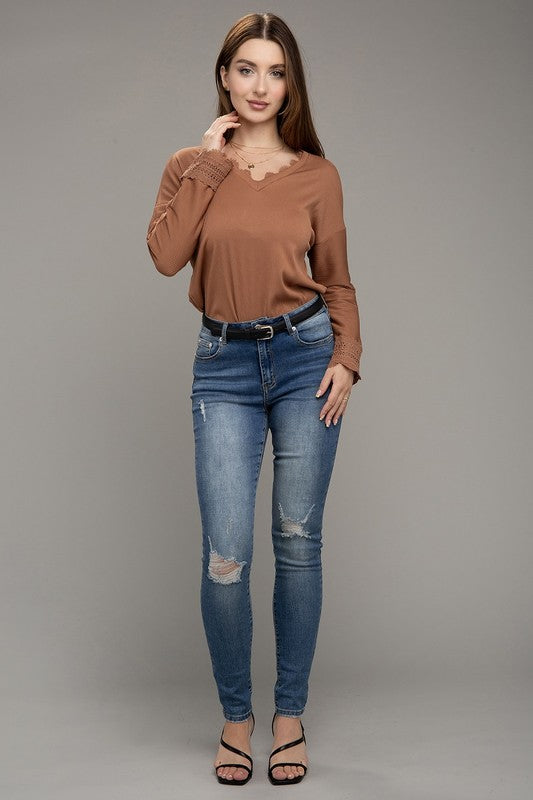 Lace Trim V Neck Long Sleeve