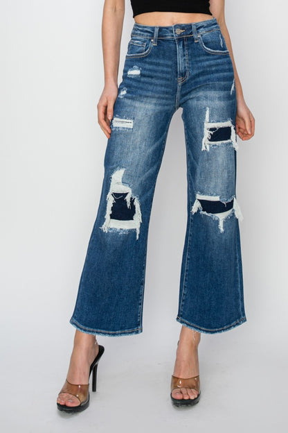 Risen High Rise Patch Detailed Wide Leg Crop Jeans