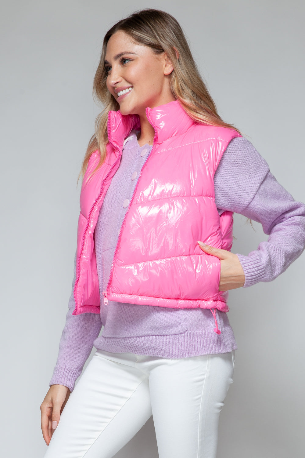 Zip Up Turtleneck Shiny Quilted Vest