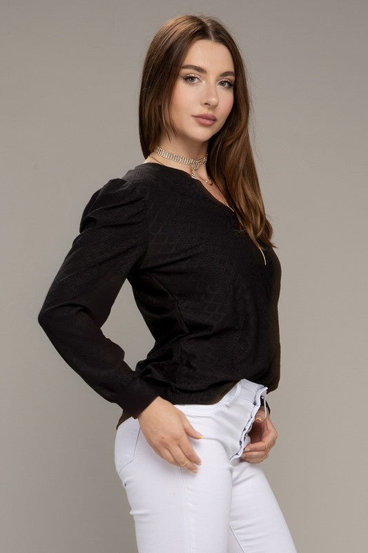 Notched neck jacquard top