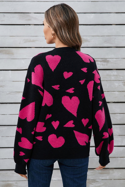 Heart Contrast Round Neck Long Sleeve Sweater