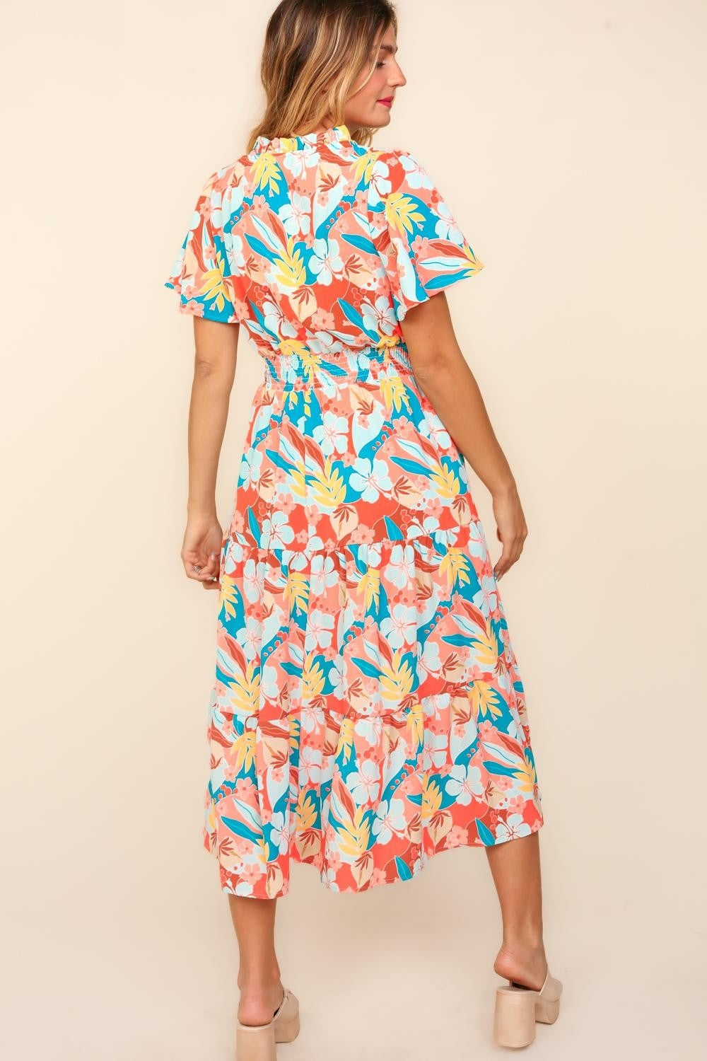 Tropical Floral Tiered Dress with Side Pockets