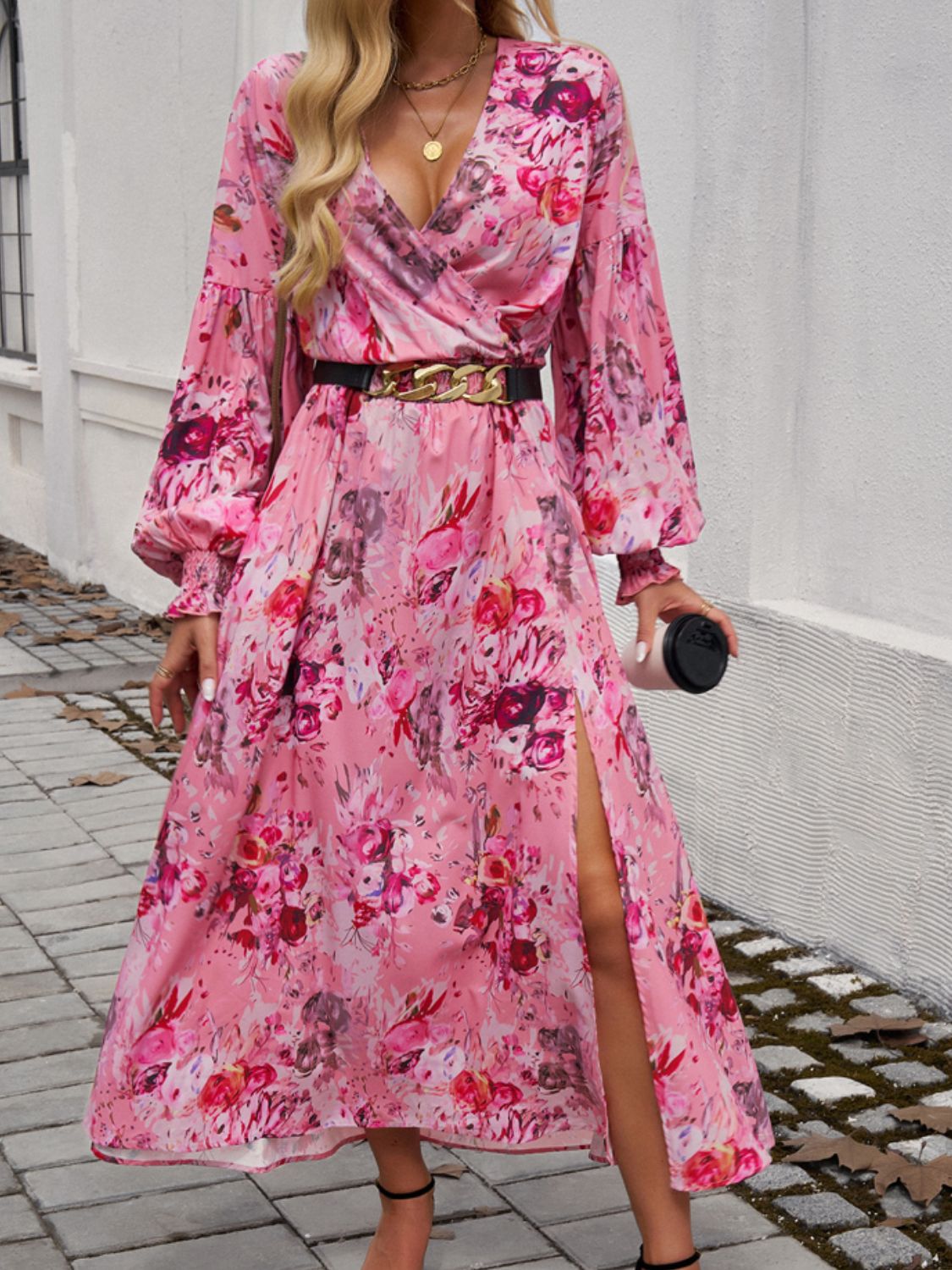 Split Printed Surplice Long Sleeve Midi Dress