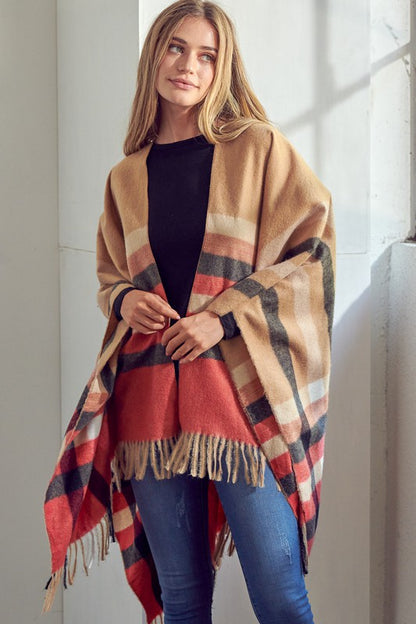 PLAID PATTERN SHAWL PONCHO