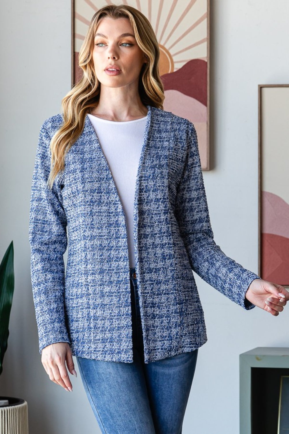 Houndstooth Tweed Open Front Blazer