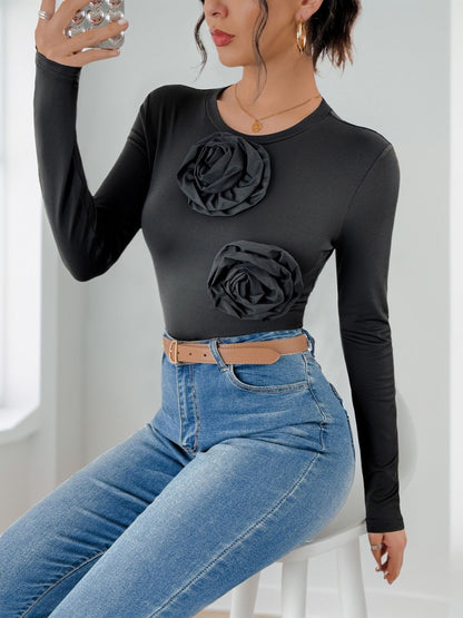 Flower Round Neck Long Sleeve Bodysuit