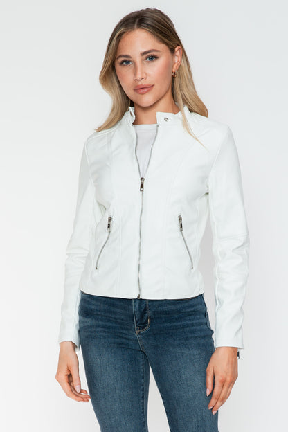 PU Leather Zip Up Jacket with Pockets