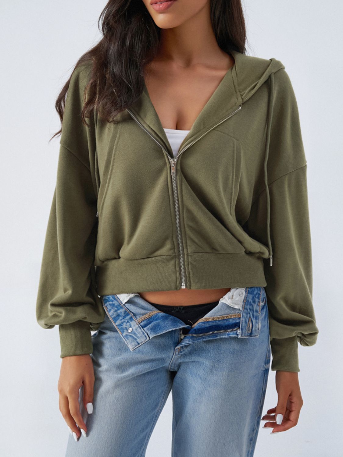 Drawstring Zip Up Long Sleeve Hoodie