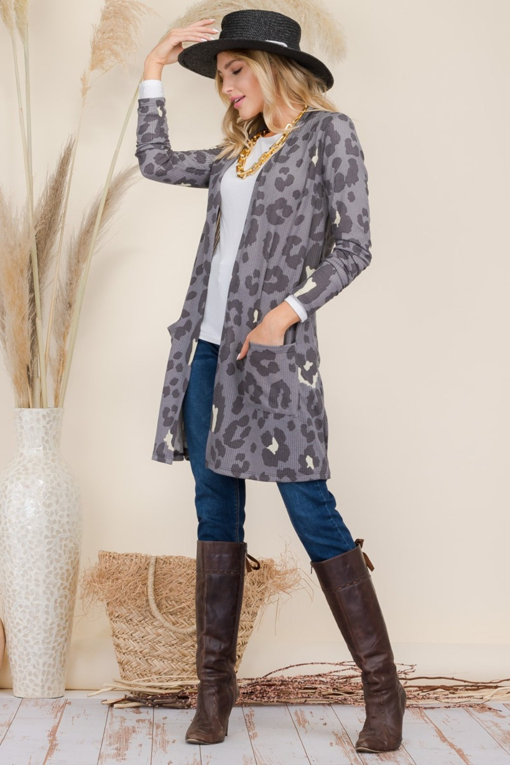 Leopard Open Front Contrast Cardigan