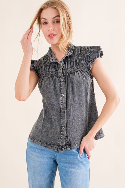 Ruffled Button Up Cap Sleeve Denim Top