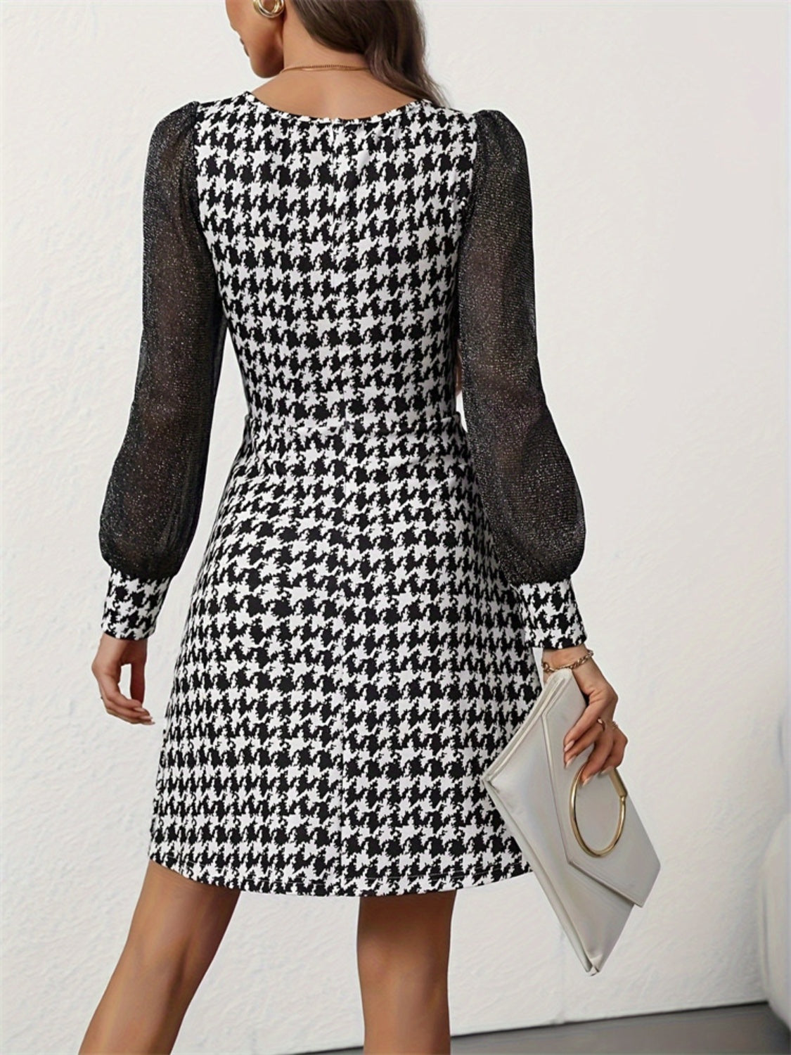 Houndstooth Square Neck Long Sleeve Mini Dress