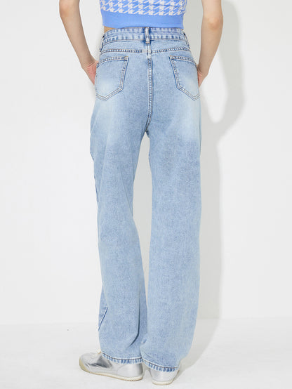 Flower High Rise Straight Leg Jeans with Pockets