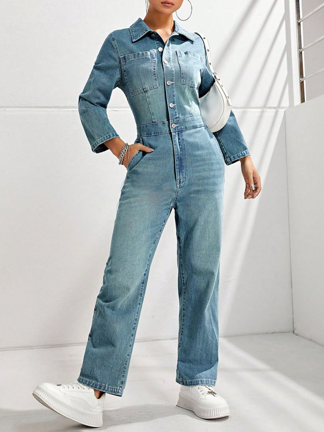 Half Button Long Sleeve Straight Leg Denim Jumpsuit