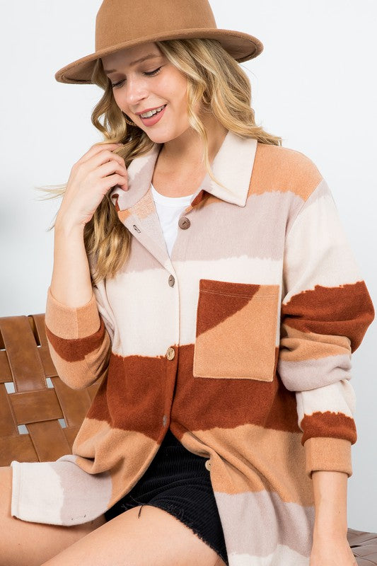 FUZZY STRIPE BUTTON DOWN SHACKET