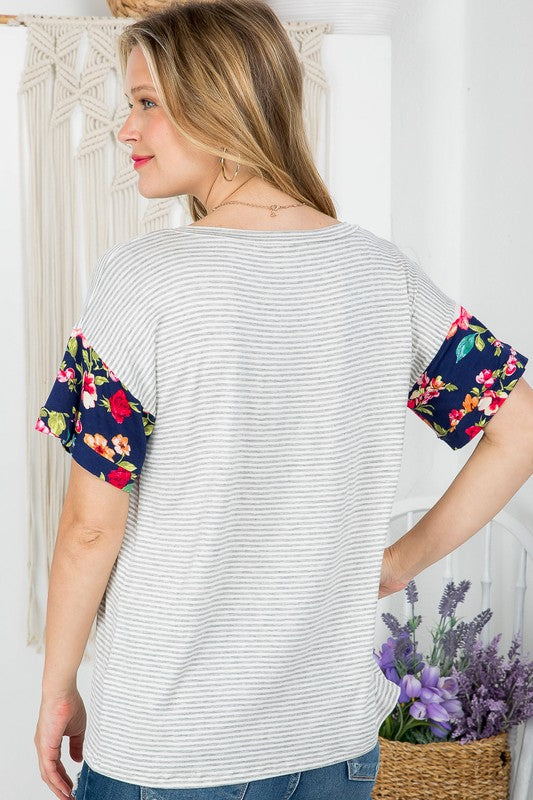 PLUS STRIPE FLORAL MIXED BOXY TOP