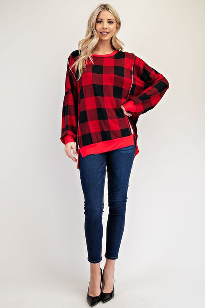 Celeste High-Low Plaid Round Neck Sweatshirt