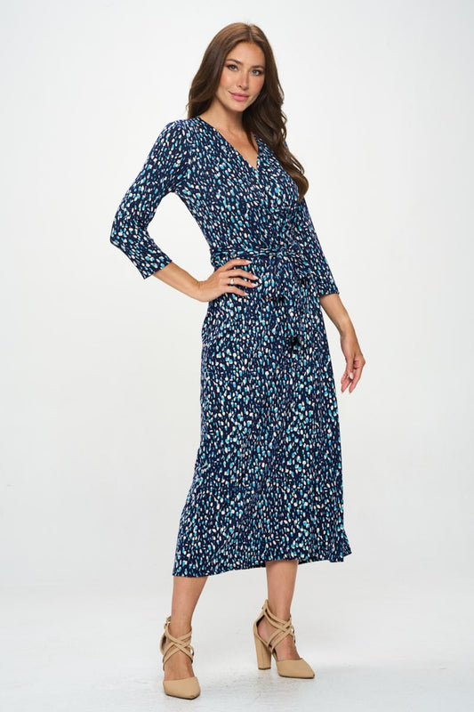 Printed Tie Front Surplice Midi Dress