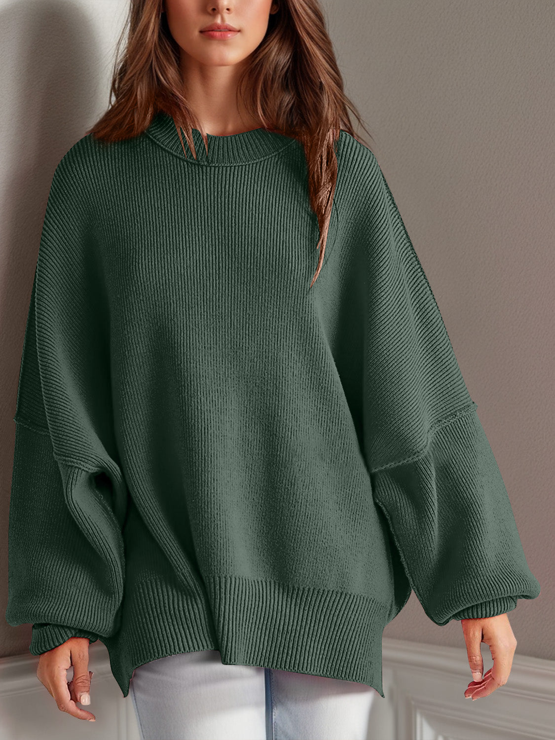 Side Slit Round Neck Long Sleeve Sweater