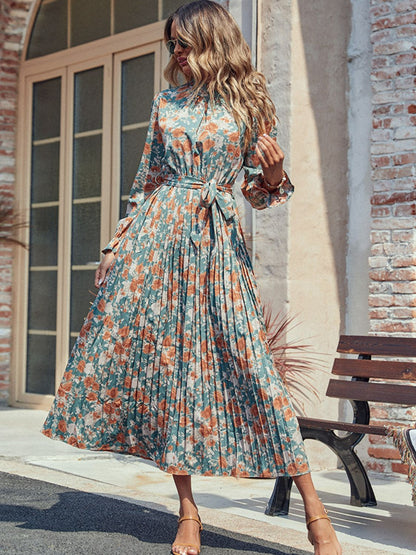 Tied Pleated Printed Mock Neck Long Sleeve Dress
