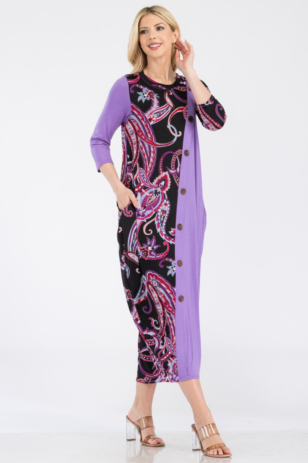 Paisley Contrast Midi Dress with Pockets