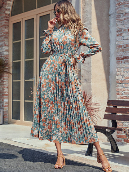 Tied Pleated Printed Mock Neck Long Sleeve Dress