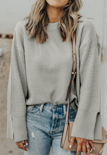 Slit Cuff Round Neck Long Sleeve Sweater