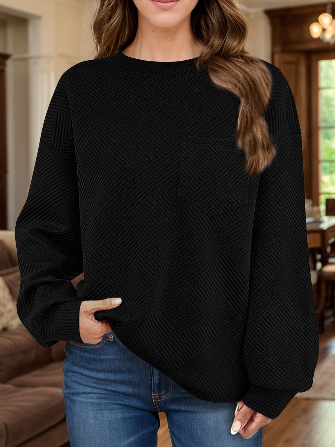 Texture Round Neck Long Sleeve Sweatshirt