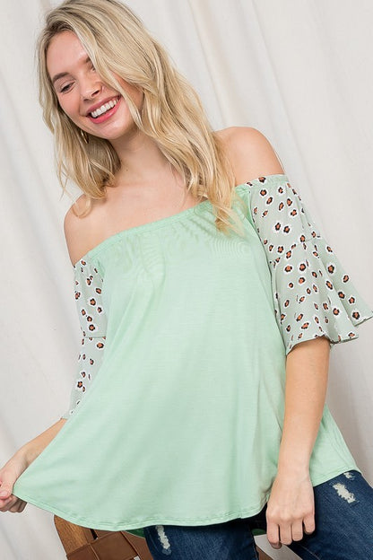 CHEETAH WOVEN MIX OFF SHOULDER TOP