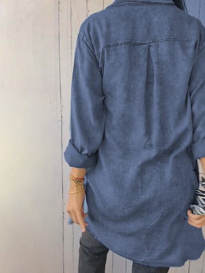Raw Hem Button Up Long Sleeve Denim Top