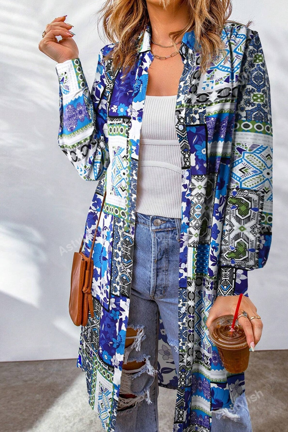 Printed Button Up Long Sleeve Cardigan