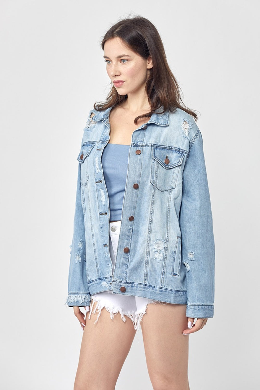 RISEN Distressed Long Sleeve Denim Jacket