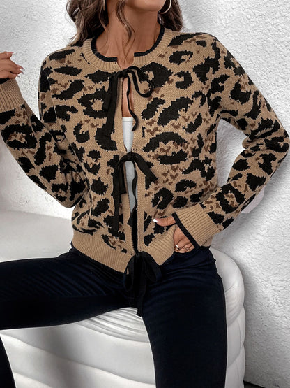 Tied Leopard Long Sleeve Cardigan