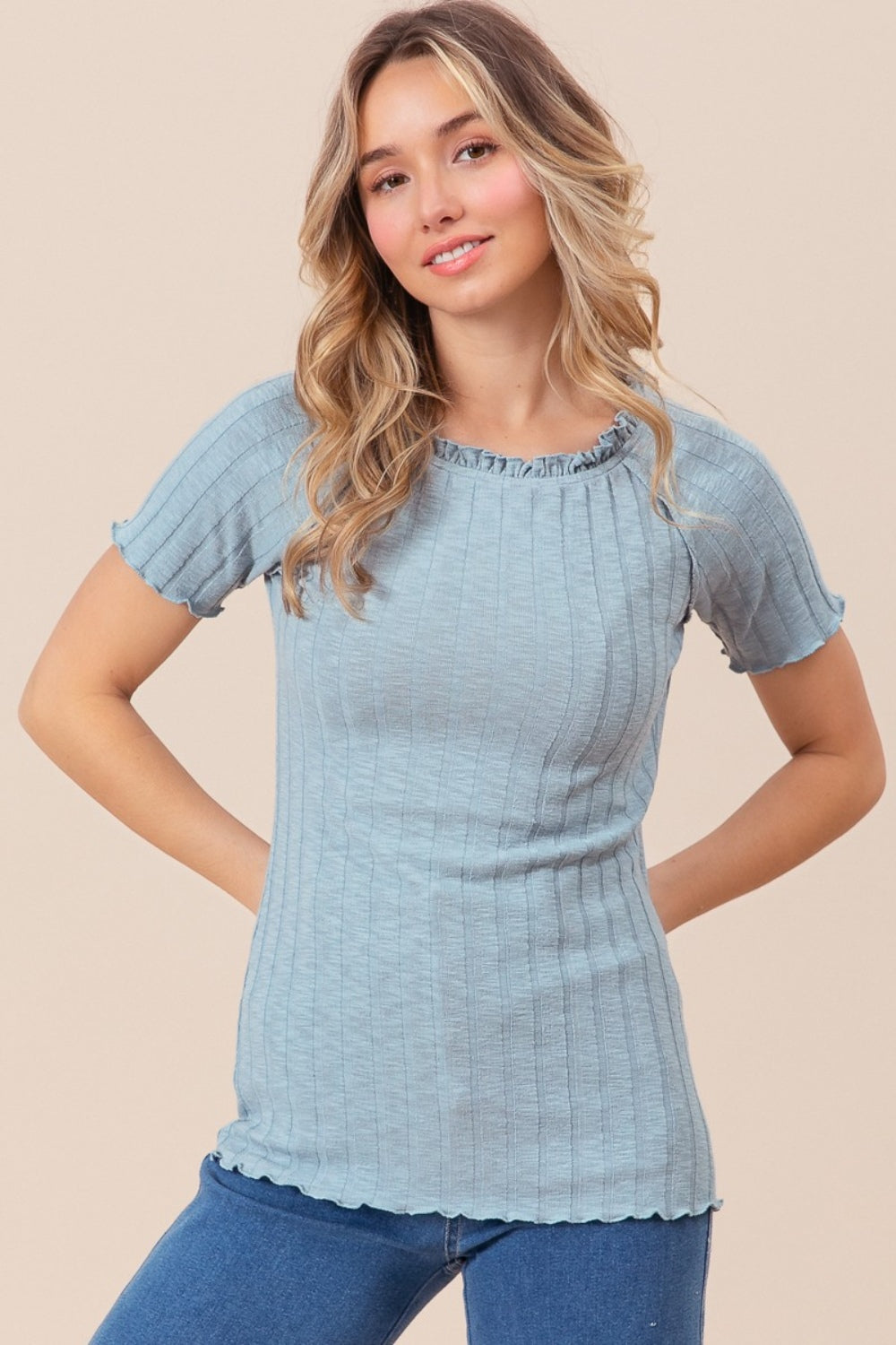 Ruffle Round Neck Merrow Edge Rib Top