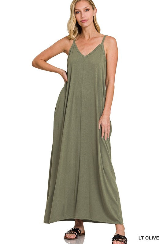 V-NECK CAMI MAXI DRESS WITH SIDE POCKETS