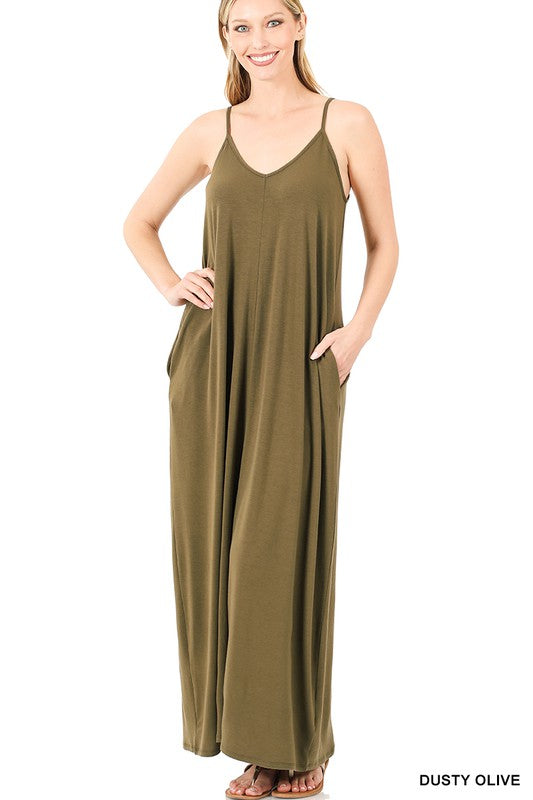 V-NECK CAMI MAXI DRESS WITH SIDE POCKETS