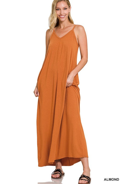 V-NECK CAMI MAXI DRESS WITH SIDE POCKETS