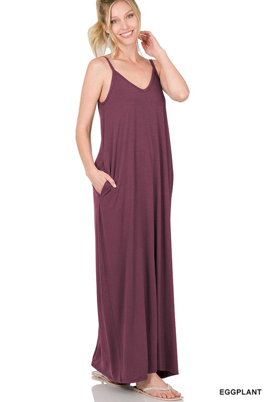 V-NECK CAMI MAXI DRESS WITH SIDE POCKETS